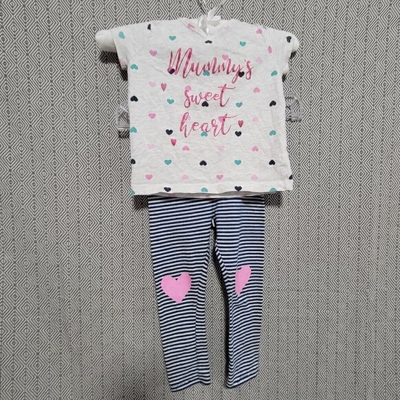 Cat&Jack/Primark "Mommy's Sweet Heart" Shirt &Blue Stripped Heart Legging Outfit - Picture 1 of 11